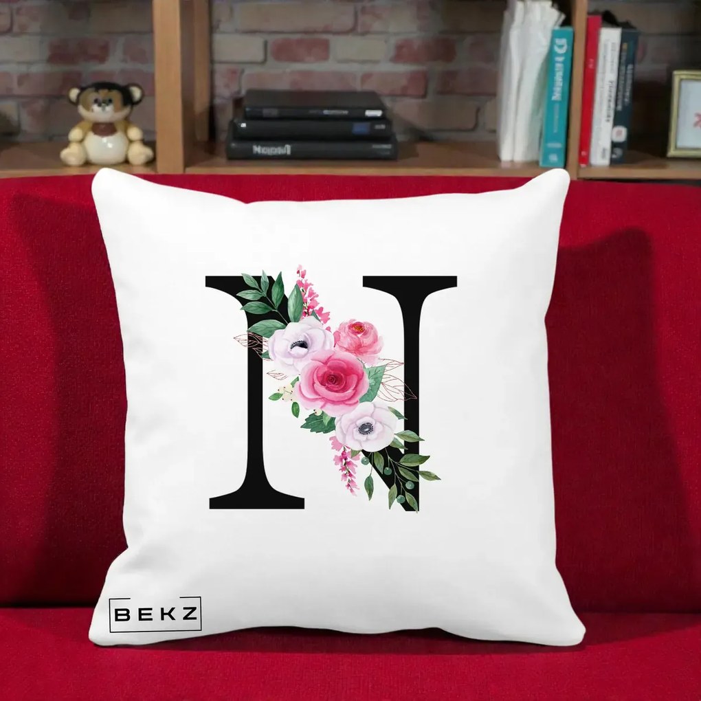 Cadou Personalizat - Perna Personalizata Monograma Florala Litera N, 40x40 cm, Alba Mata, Husa Detasabila, Perna Inclusa, BEKZ®