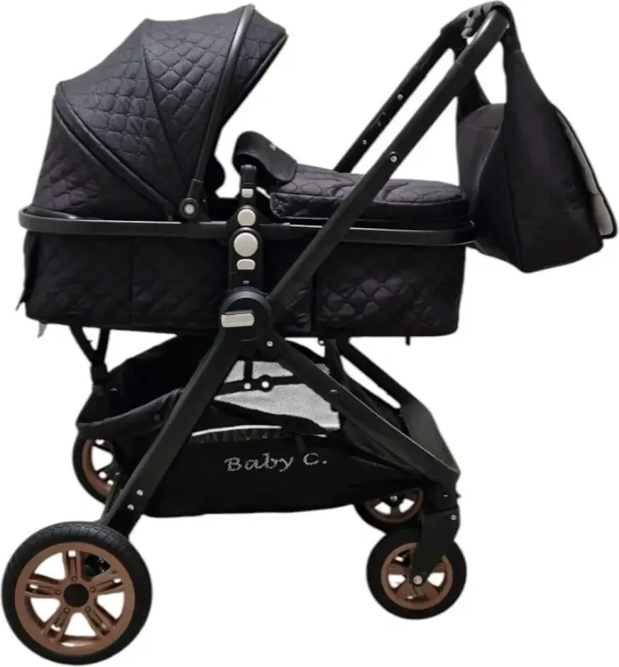 Carucior nou nascuti 2 in 1 Baby Care X2S, Maner reversibil, Cu geanta bebe, Amortizoare, Roti din cauciuc plin AVE, Spatar reglabil 3 trepte, Plasa