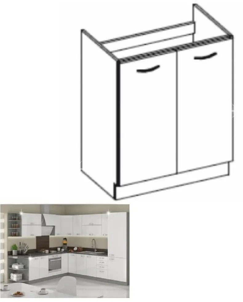 Dulap inferior de bucătărie sub chiuvetă 80 ZL 2F BB Pleitton (Alb extra lucios). 1014783