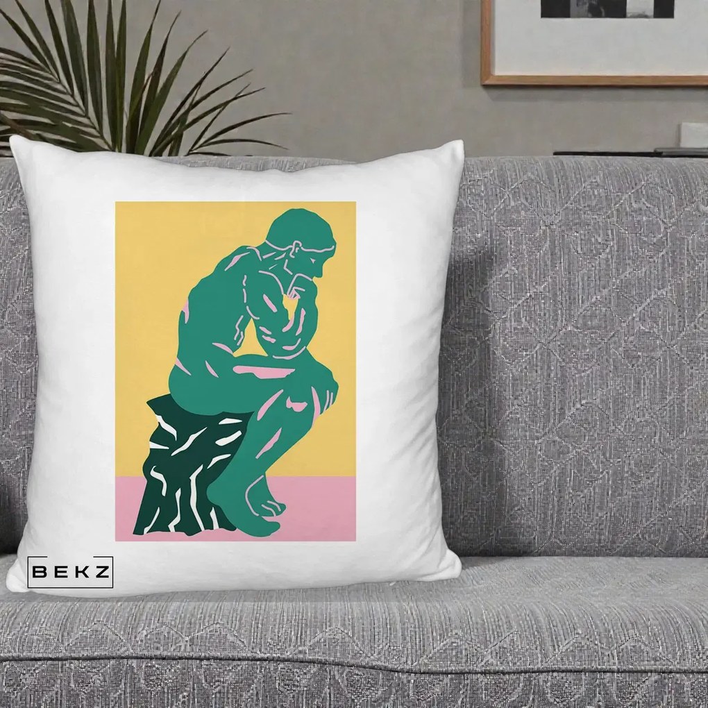 Perna Decorativa Ganditorul Sculptura Pop Art, 40x40 cm, Alb Pufos, Husa Detasabila, Perna Inclusa, BEKZ®