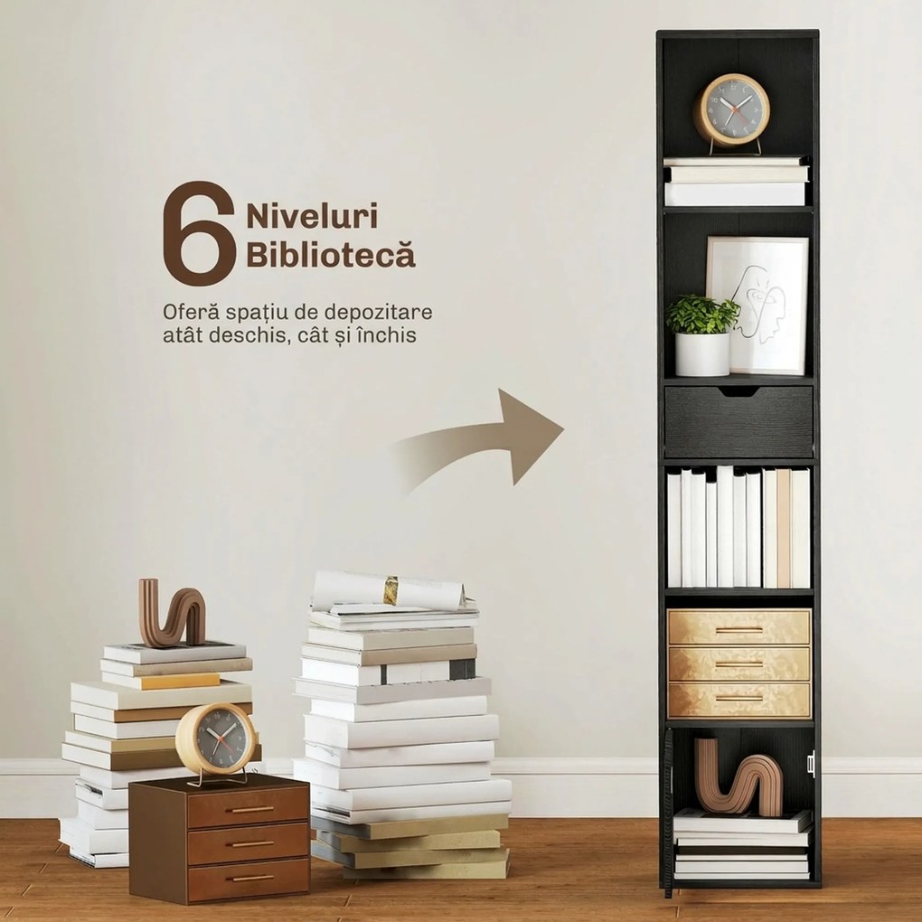 HOMCOM Bibliotecă cu 4 Rafturi Deschise, Dulap și Sertar, 30x24x158 cm, Negru | Aosom Romania