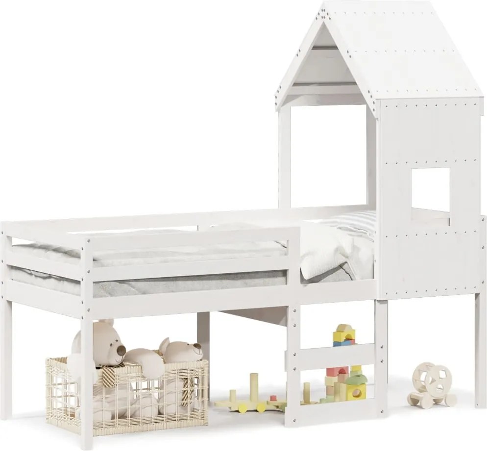 vidaXL Pat înalt cu acoperiș, alb, 80x200 cm, lemn masiv de pin