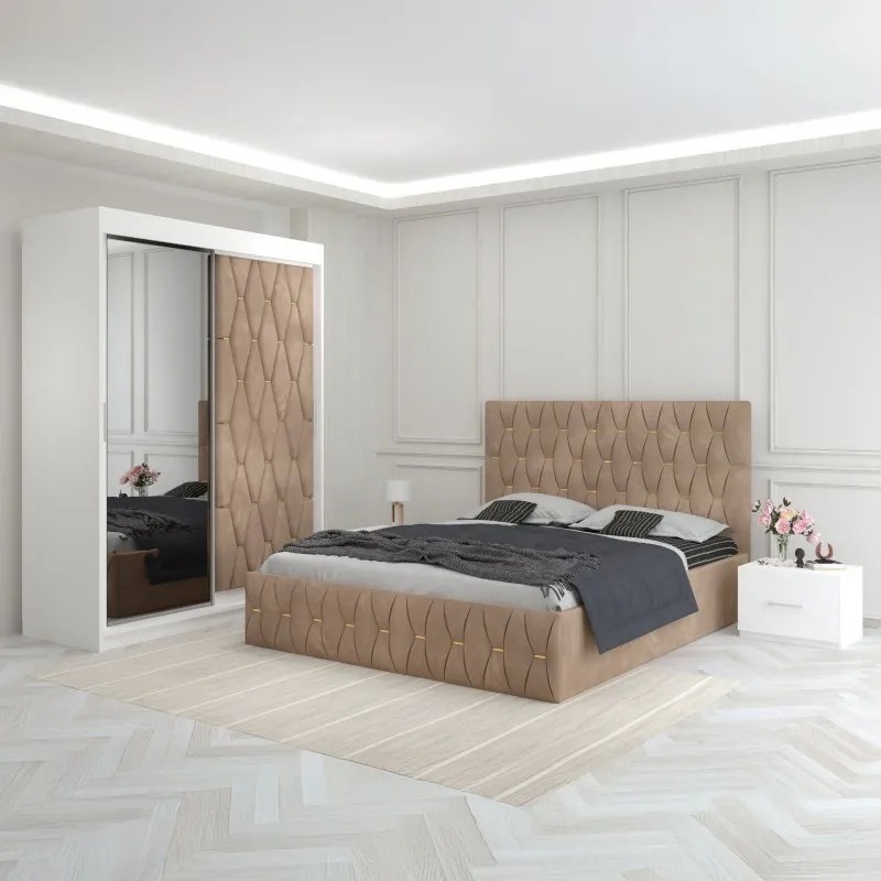 Set Mobila De Dormitor Eric Crem, Usa Tapitata, pat tapitat 160x200cm,  dulap cu oglinda 150x210cm, noptiere