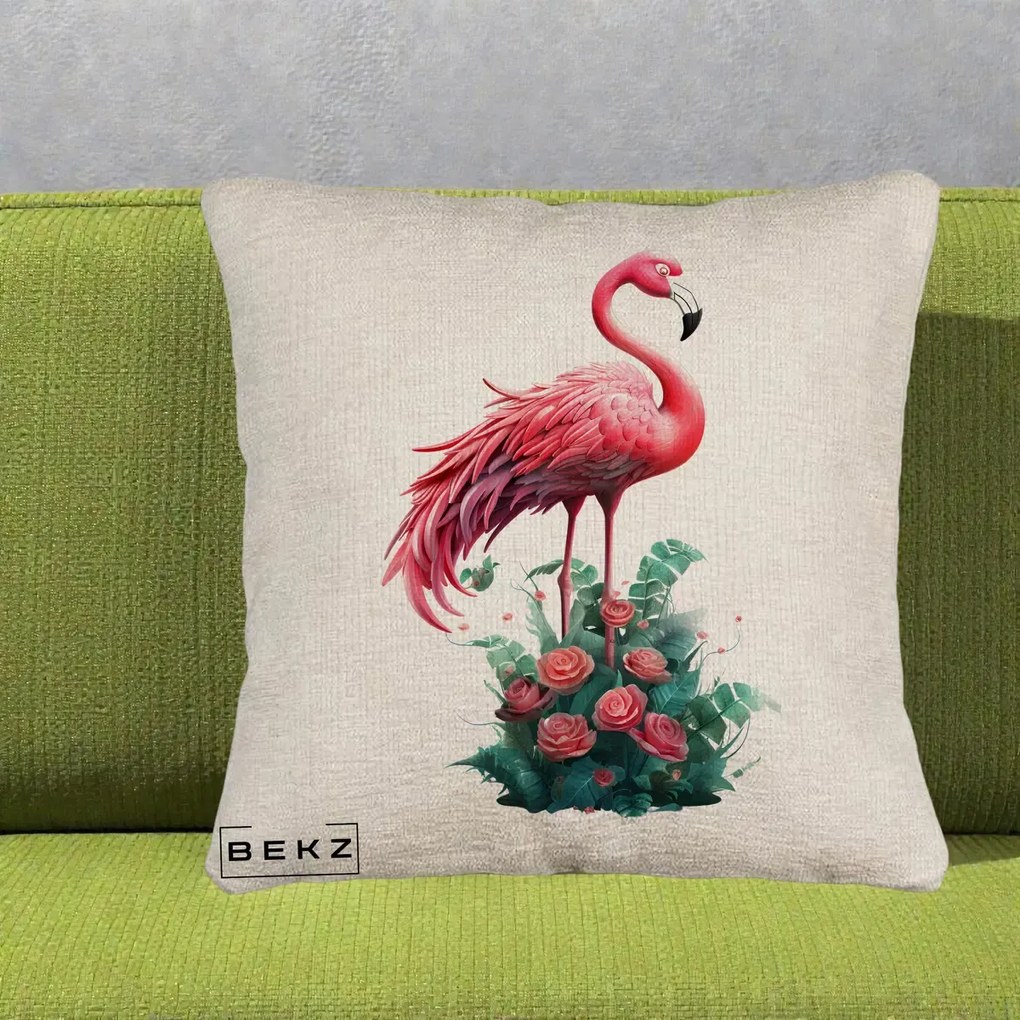 Perna Decorativa Flamingo cu Trandafiri Tropicali, 40x40 cm, Bej Canapea, Husa Detasabila, Perna Inclusa, BEKZ®