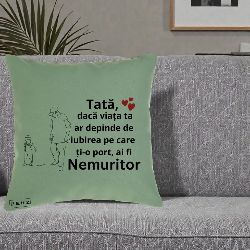 Cadou pentru Tata - Perna Personalizata Tata Nemuritor Joaca cu Mingea, 40x40 cm, Verde, Husa Detasabila, Perna Inclusa, BEKZ®