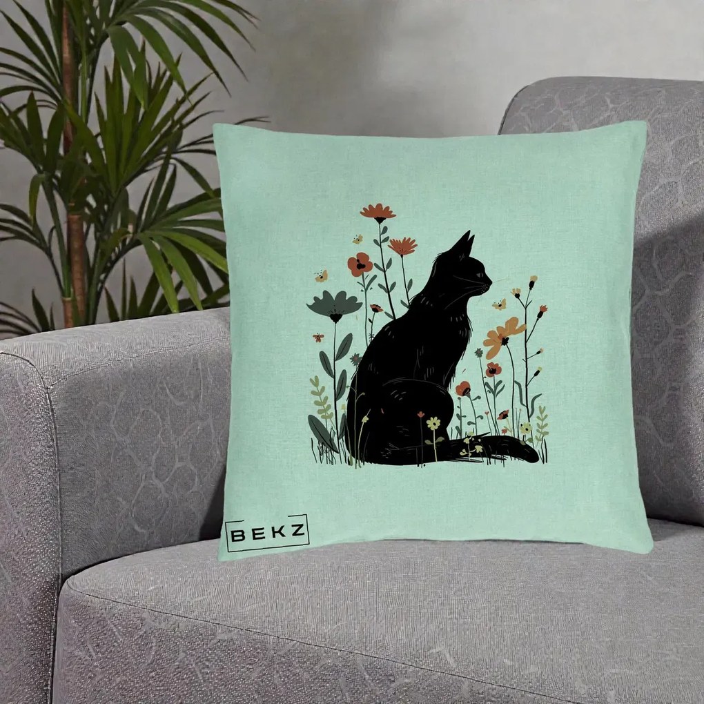 Perna Decorativa Pisica Neagra Profil Flori Portocalii, 40x40 cm, Verde Menta, Husa Detasabila, Perna Inclusa, BEKZ®