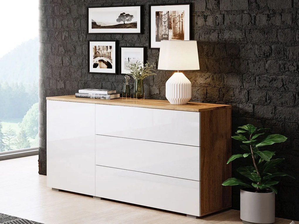Comodă pentru living Nova -110 (Stejar wotan + Alb lucios). 1060061