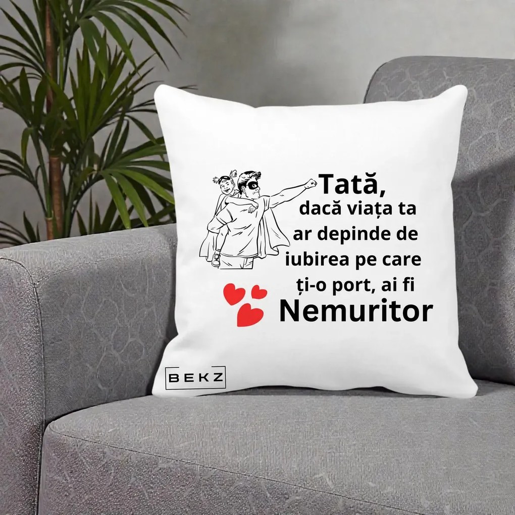 Cadou pentru Tata - Perna Personalizata Tata Nemuritor Supererou cu Masca, 40x40 cm, Alba Mata, Husa Detasabila, Perna Inclusa, BEKZ®