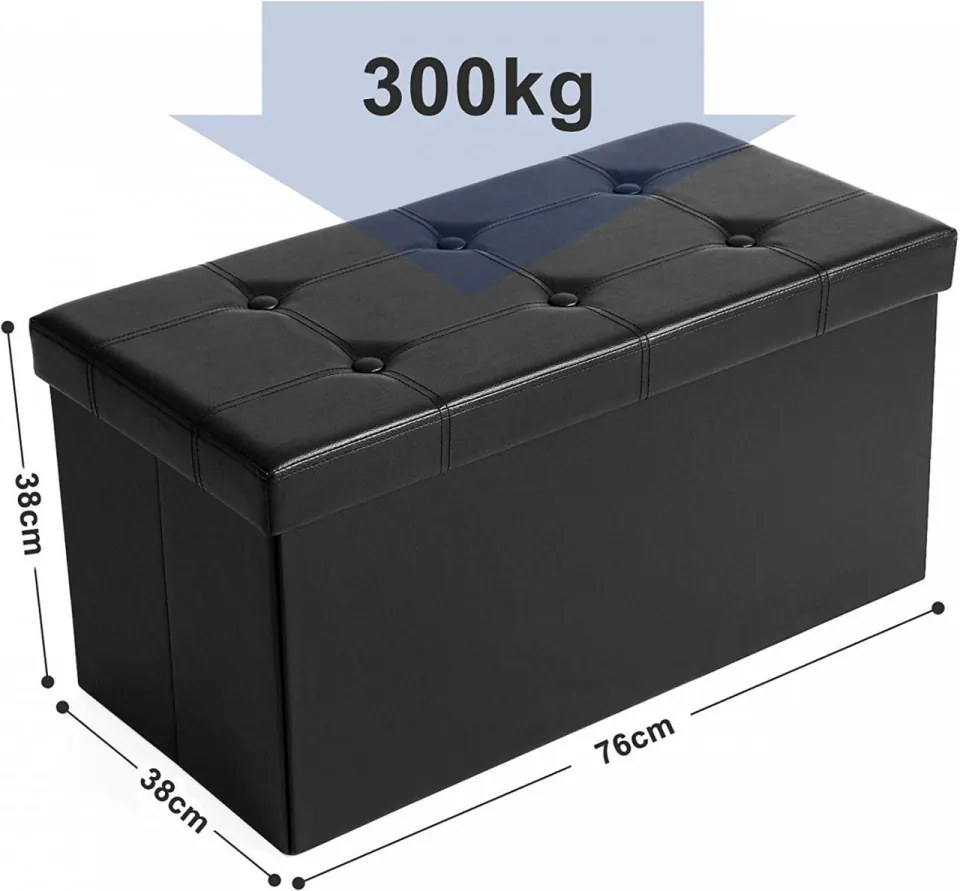 Bancheta cu capac si spatiu depozitare, 76 x 38 x 38 cm, MDF / piele ecologica, negru, Songmics