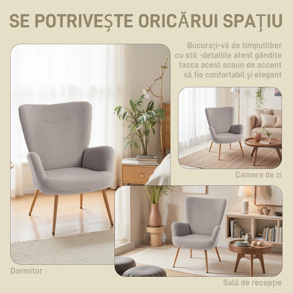 Fotoliu Modern Imbottito de Sufragerie HOMCOM, Fotoliu de Dormitor în Țesătură Sherpa cu Spătar Înalt și Brațe, Fotoliu Relax cu Cadru din Oțel pentru Sufragerie, Gri Deschis | Aosom Romania