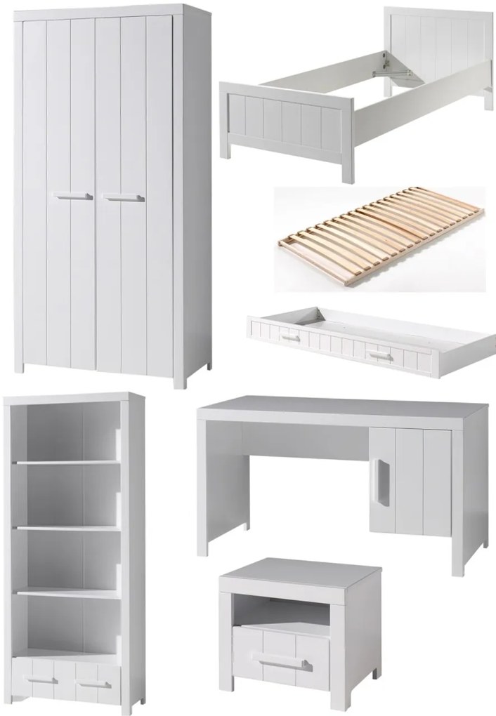 Set Complet Cameră Copii ERIK: Pat 90x200 cm, Dulap cu 2 Uși, Birou, Bibliotecă și Sertar, Alb – Vipack
