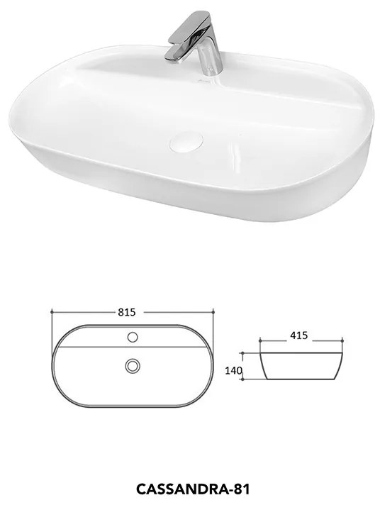 Lavoar pe blat Fluminia, Cassandra 81, oval, 81,5 x 41,5 cm, alb