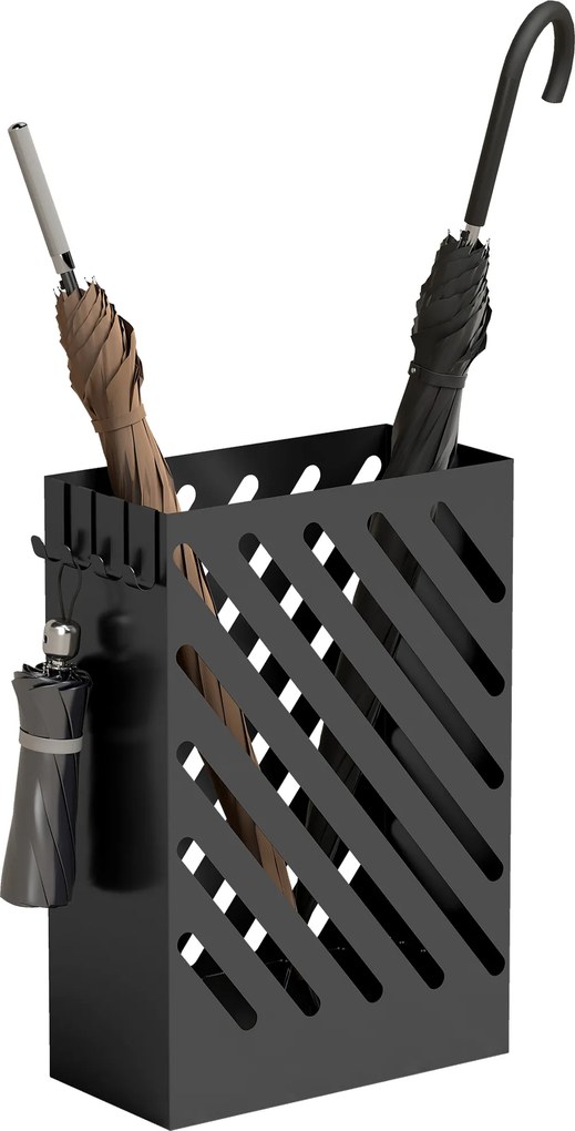 HOMCOM Suport pentru Umbrele de Design cu Tavă pentru Colectarea Picăturilor și 4 Cârlige din Metal, 28x14x41cm, Negru | Aosom Romania