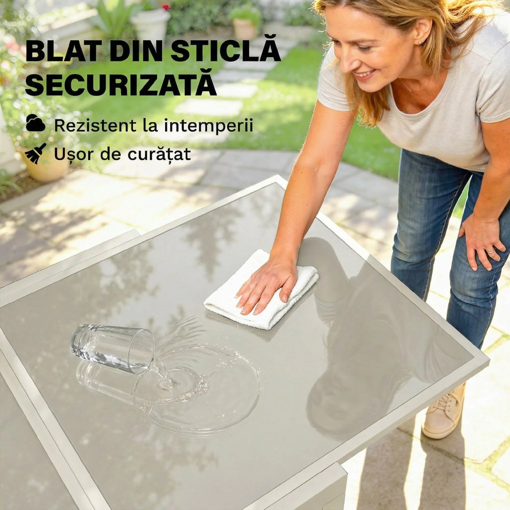 Outsunny Masă Extensibilă din Aluminiu pentru Exterior, Blat din Sticlă Temperată, Crem. | Aosom Romania