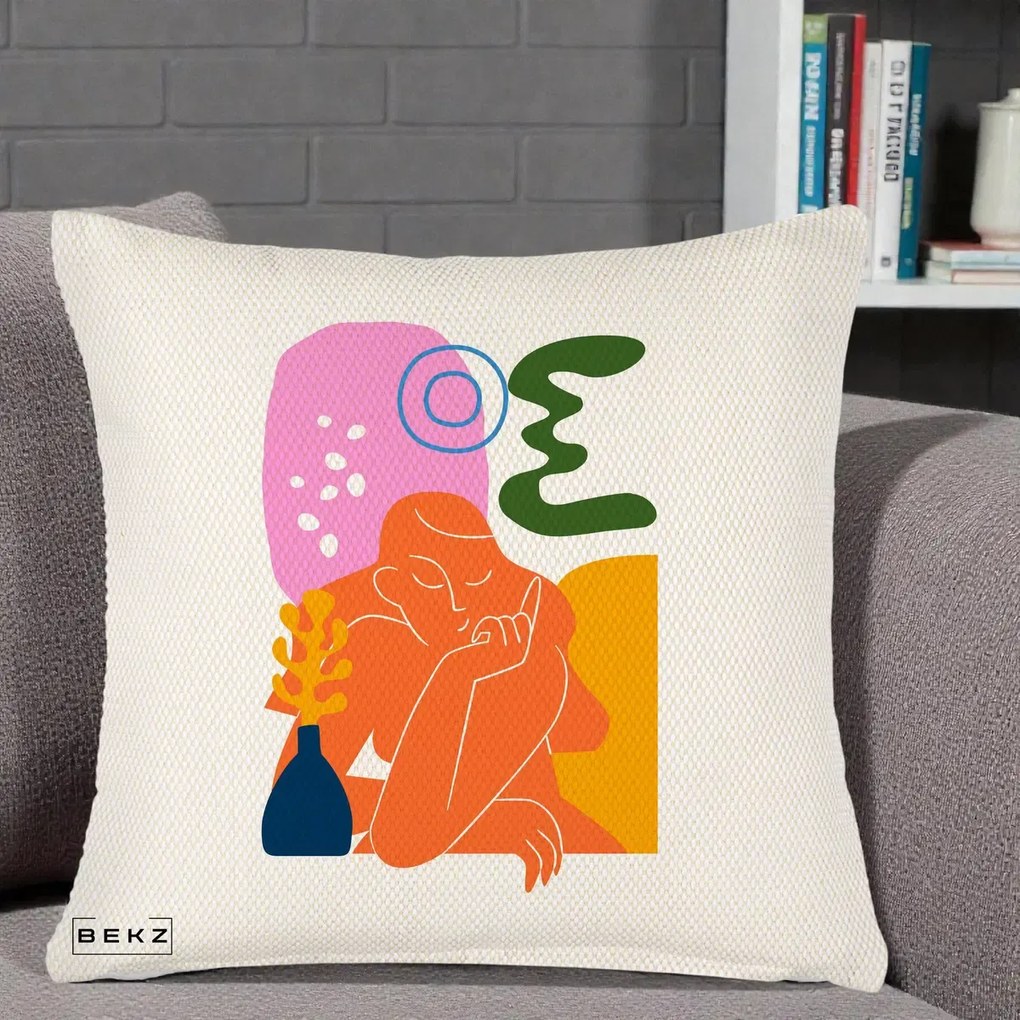 Perna Decorativa Femeie Meditand Abstract, 40x40 cm, Crem Reliefat, Husa Detasabila, Perna Inclusa, BEKZ®