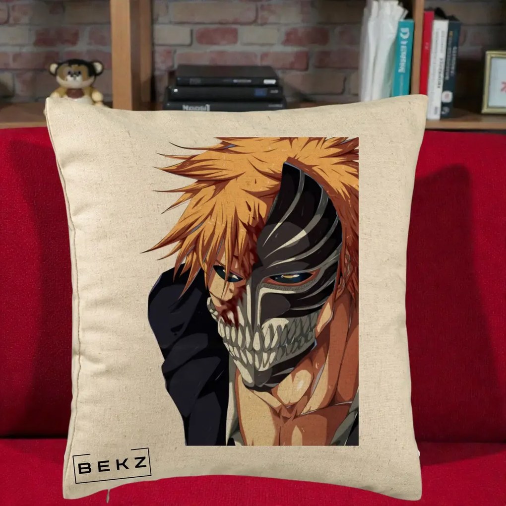 Perna Personalizata Bleach Ichigo Masca Hollow, 40x40 cm, Bej, Husa Detasabila, Perna Inclusa, BEKZ®