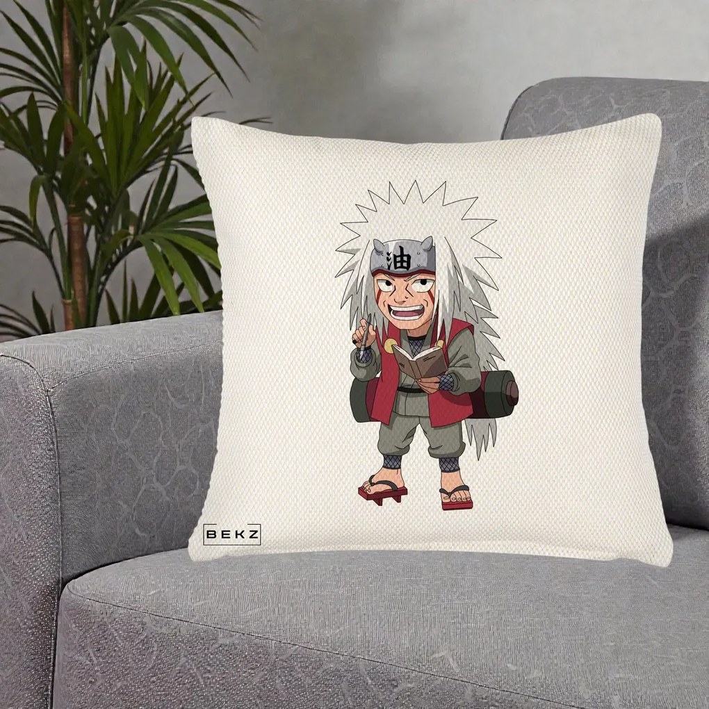 Perna Personalizata Naruto Jiraiya Sensei Chibi, 40x40 cm, Crem Reliefat, Husa Detasabila, Perna Inclusa, BEKZ®
