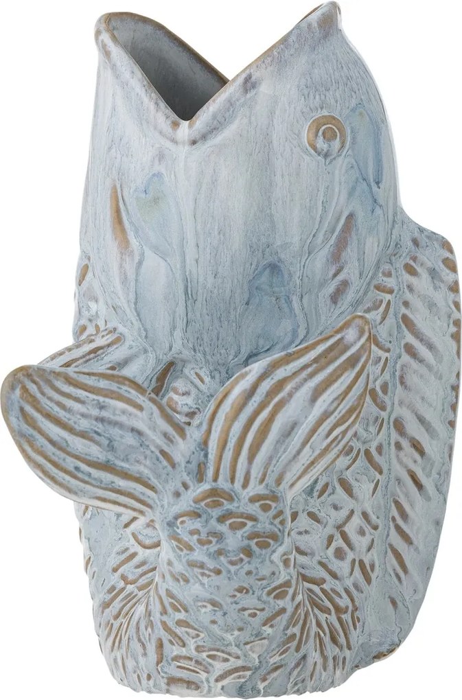 Vază din ceramică albastră, în formă de pește, cu solzi în relief, „Hiro", 17 x 13,5 x 21 cm