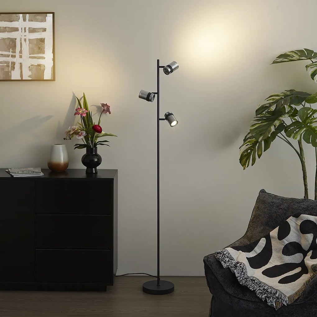 Lampă de podea modernă neagră cu sticlă fumurie cu 3 lumini rotativă și înclinabilă - Gianni