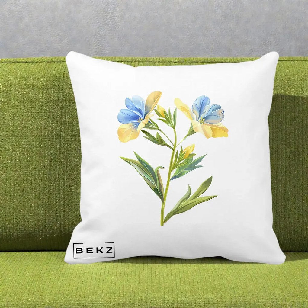 Perna Decorativa Botanica Frezie Galbena si Albastra, 40x40 cm, Alba Mata, Husa Detasabila, Perna Inclusa, BEKZ®
