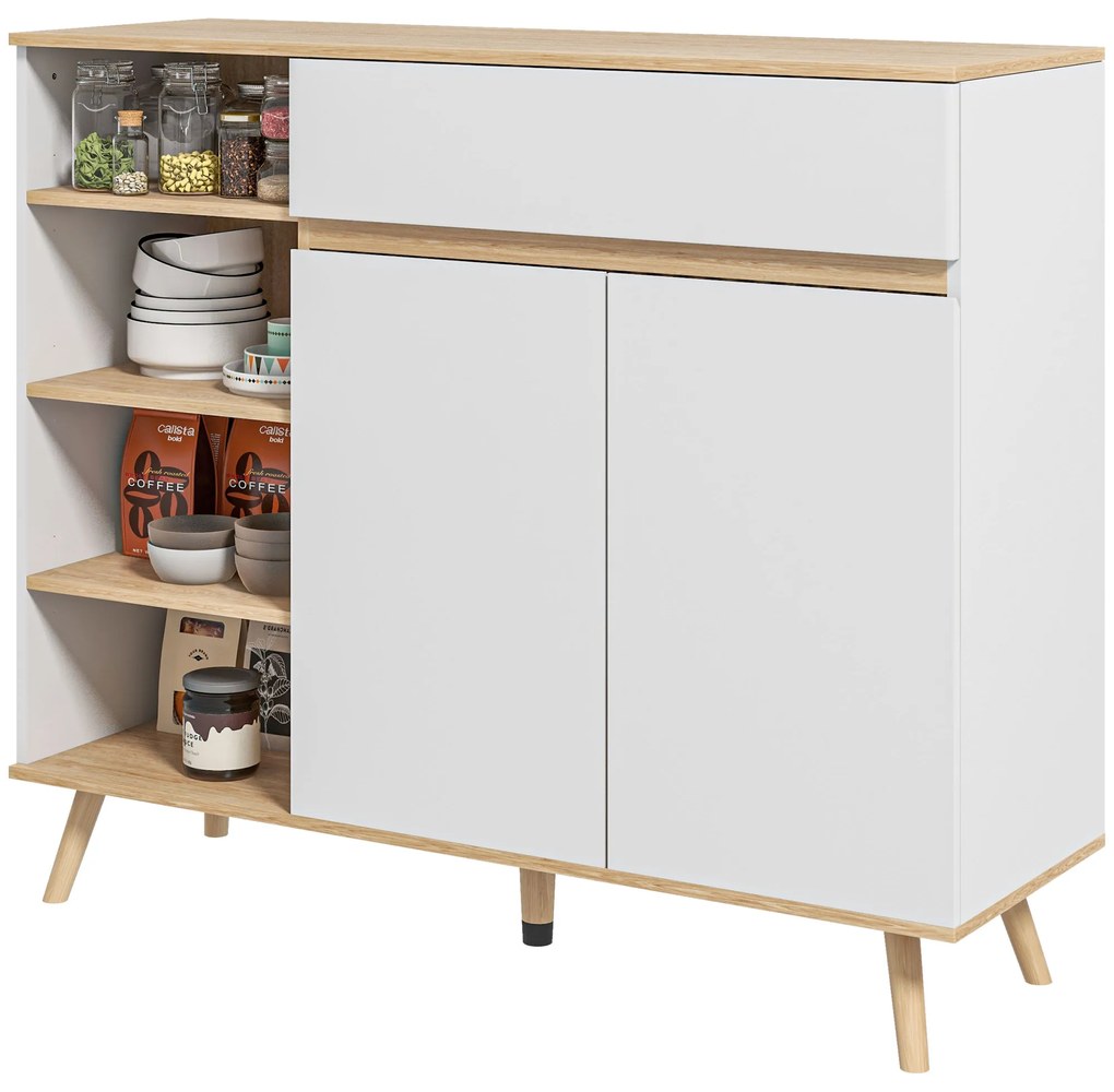 HOMCOM Bufet mobilier de depozitare bucătărie stil scandinav 1 placard dublă ușă 1 sertar și 4 nișe rafturi reglabile alb | Aosom Romania
