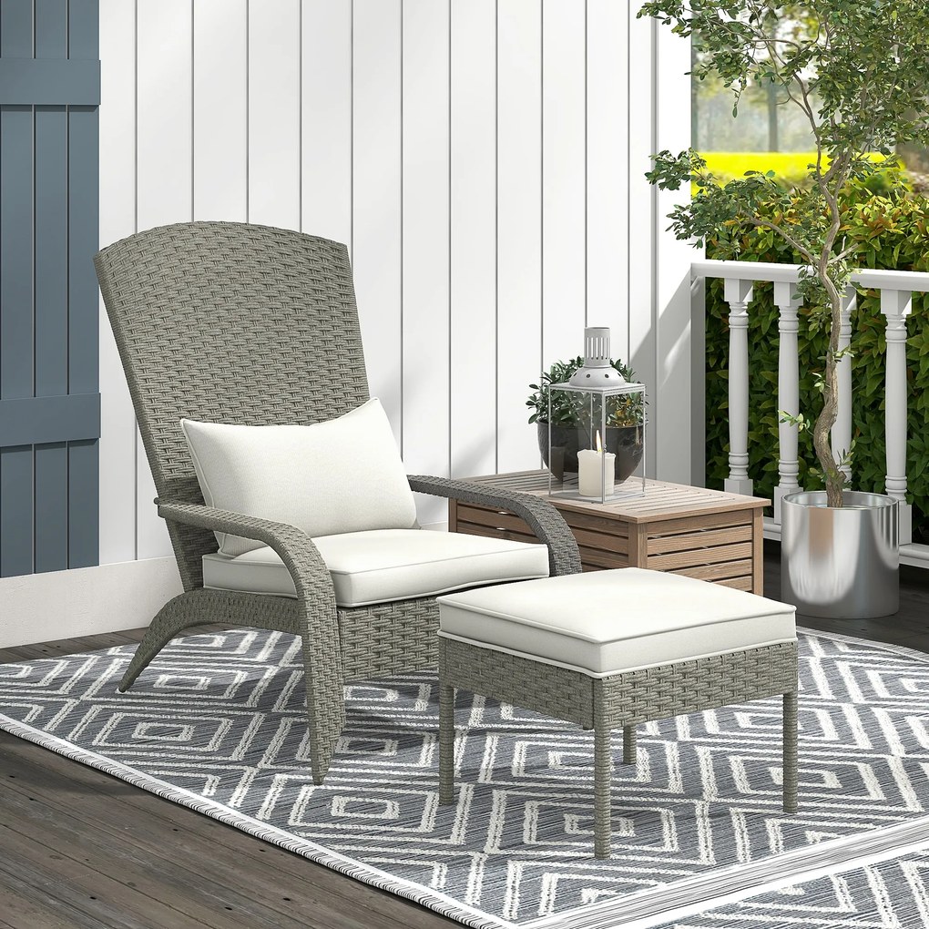 Outsunny Scaun Adirondack cu taburet din rachita pentru terasa, Scaun de exterior pentru semineu cu perne, spatar inalt | Aosom Romania