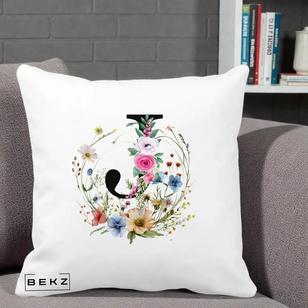 Cadou Personalizat - Perna Personalizata Monogram Litera J cu Flori Acuarela, 40x40 cm, Alba Mata, Husa Detasabila, Perna Inclusa, BEKZ®