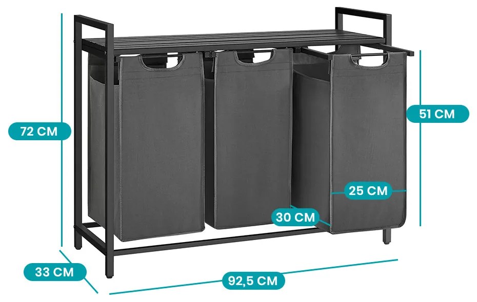 Coș de rufe cu 3 compartimente, gri închis