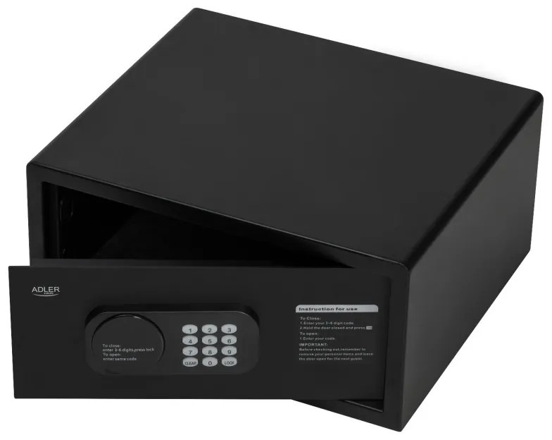 Seif electronic Adler AD 1045, 200x420x370 mm, 14 l, Blocare după 4 încercări greșite, Avertizare baterie descărcată, Negru