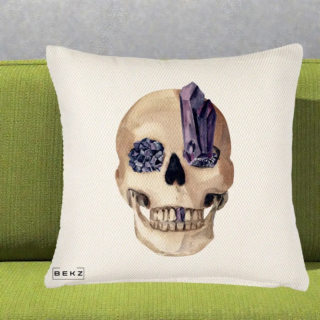 Perna Decorativa Craniu cu Cristale de Ametist, 40x40 cm, Crem Reliefat, Husa Detasabila, Perna Inclusa, BEKZ®