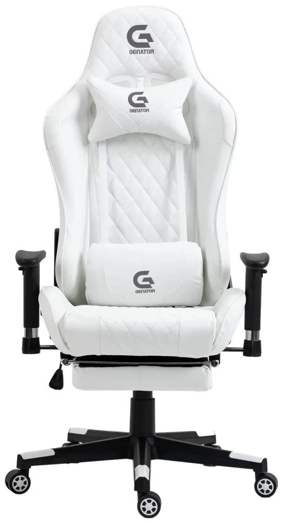 Scaun gaming, masaj in perna lombara, sezut benzi elastice sustinere suplimentara, cotiere 3D, suport picioare, funcție sezlong, 90-180 grade, Alb