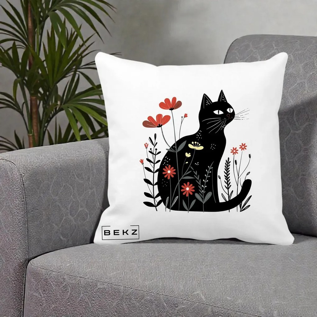 Perna Decorativa Pisica Neagra Flori Rosii Folk, 40x40 cm, Alba Mata, Husa Detasabila, Perna Inclusa, BEKZ®