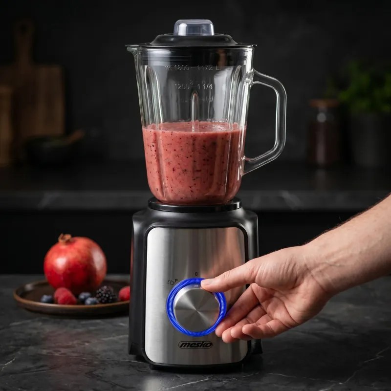 Blender Mesko MS 4080, 1200 W, 1,5 l, 21 000 rpm, 6 lame, 2 viteze + funcție puls, capac cu orificiu, inox/negru