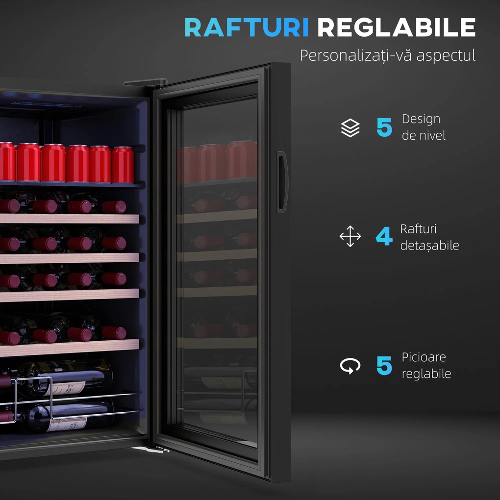 HOMCOM Vitrină Frigorifică pentru Vinuri de 63L cu Rafturi Reglabile pentru 16 Sticle și 25 Doze, Vitrină pentru Vinuri din Oțel, Lemn și Sticlă Temperată, 43x45x74 cm, Negru | Aosom Romania
