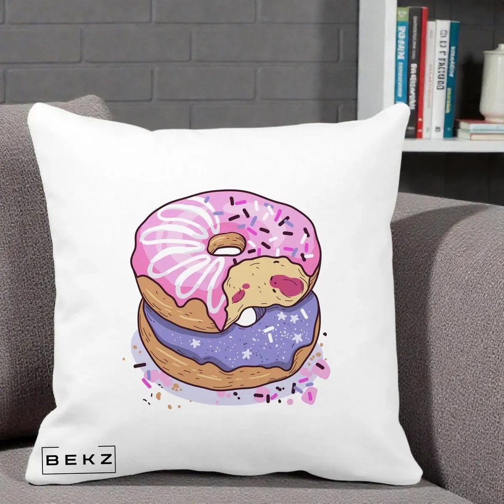 Perna Decorativa Donuts Roz si Mov, 40x40 cm, Alba Mata, Husa Detasabila, Perna Inclusa, BEKZ®