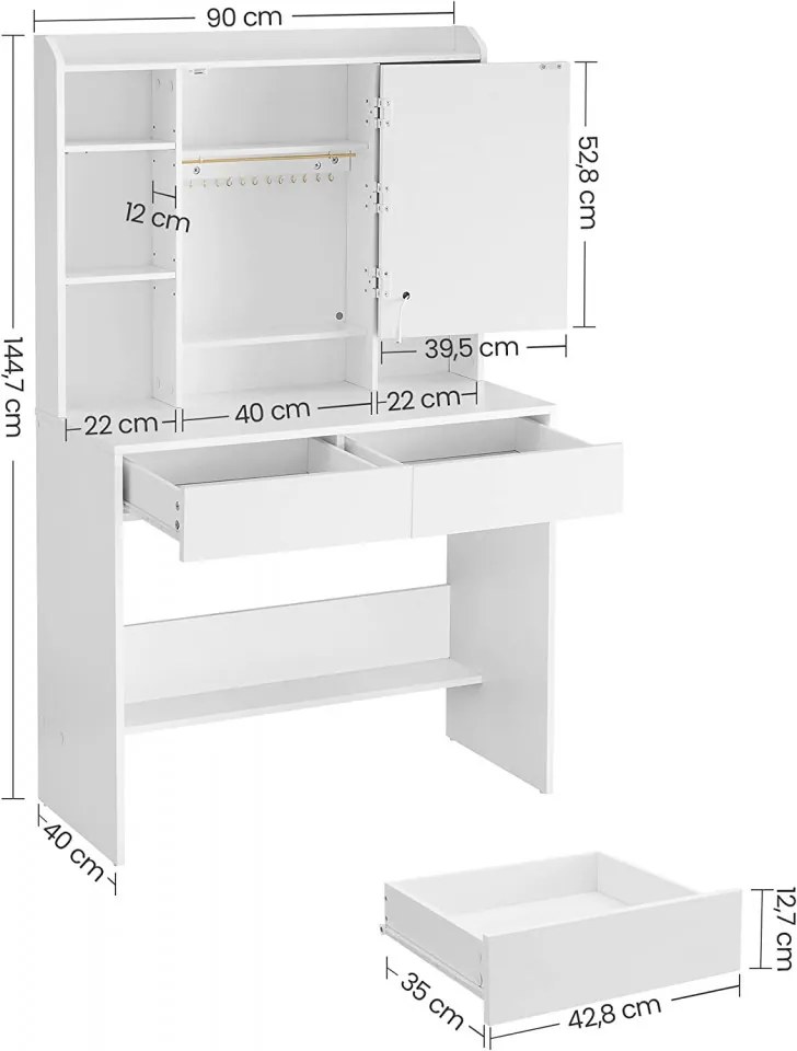 SEA81 - Set Masa toaleta, 90 cm, cosmetica, masa machiaj cu oglinda LED, masuta vanity - Alb