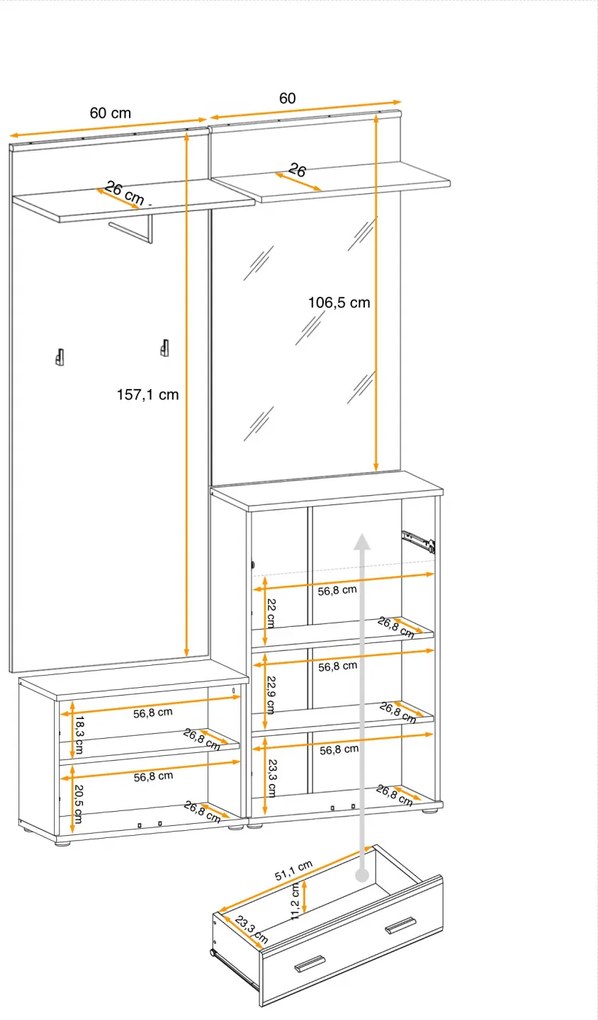 Cuier cu pantofar ,oglinda si perna inclusa, stejar sonoma, usi pvc infoliate, 120 cm lungime x 203 cm inaltime x 32 cm adancime, hol