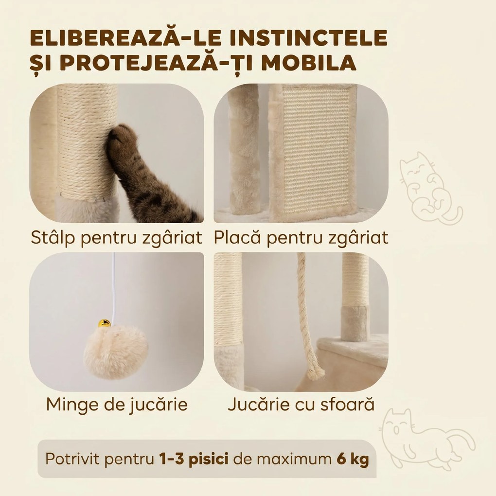 PawHut Ansamblu de Zgâriat pentru Pisici, 206 cm, cu Stâlpi din Sisal, Peșteri și Hamace, Bej | Aosom Romania