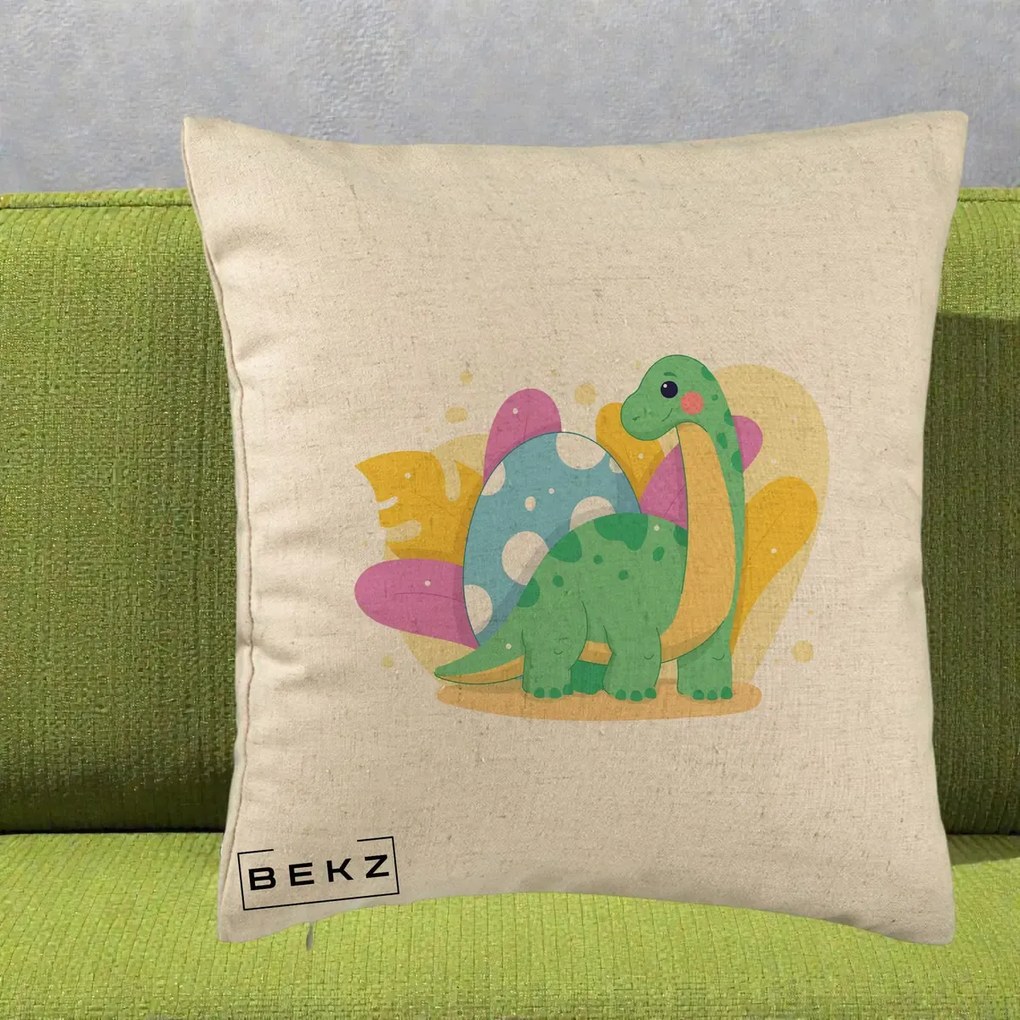 Perna Personalizata Dinozaur cu Ou Pastelat, 40x40 cm, Bej, Husa Detasabila, Perna Inclusa, BEKZ®