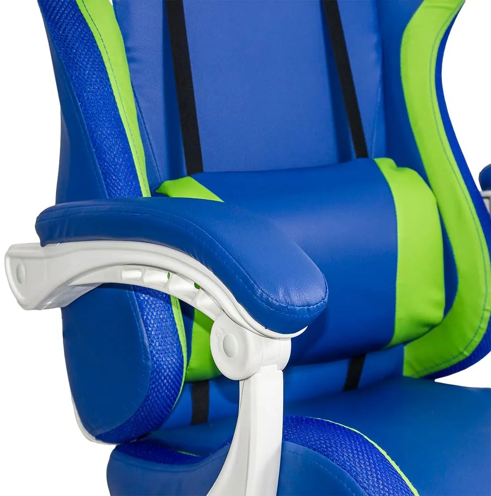 Scaun gaming albastru piele ecologica cu suport picioare si banda LED RGB OFF 298