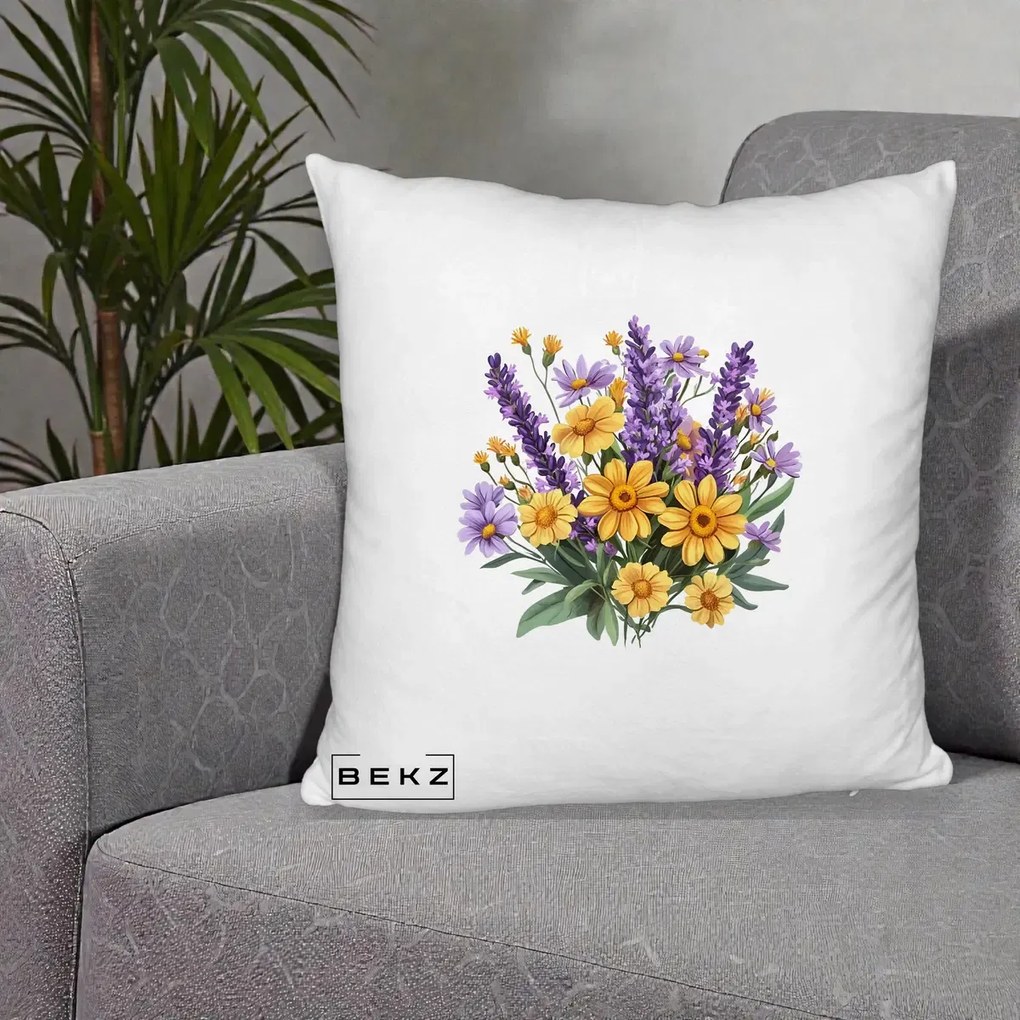 Perna Decorativa Lavanda cu Margarete Galbene si Lila, 40x40 cm, Alb Pufos, Husa Detasabila, Perna Inclusa, BEKZ®