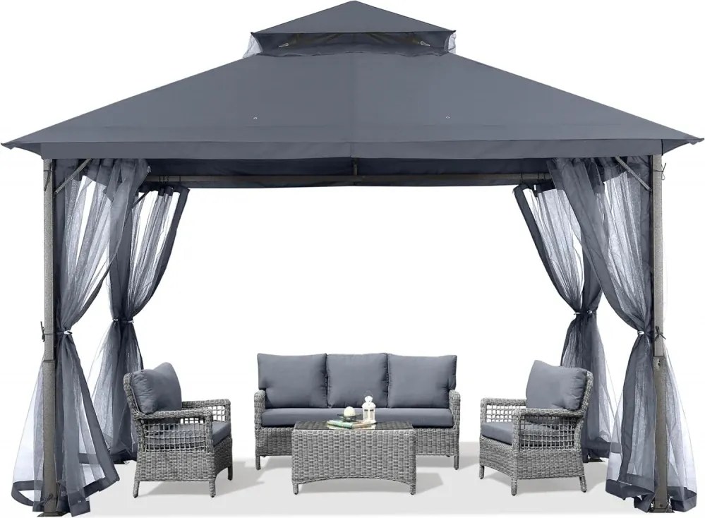 ABCCANOPY Foișor de gradina 3.3x3.9 m - Foișor exterior cu cadru din oțel și plasă de țânțari pentru gazon, curte, grădină, terasă, Gri