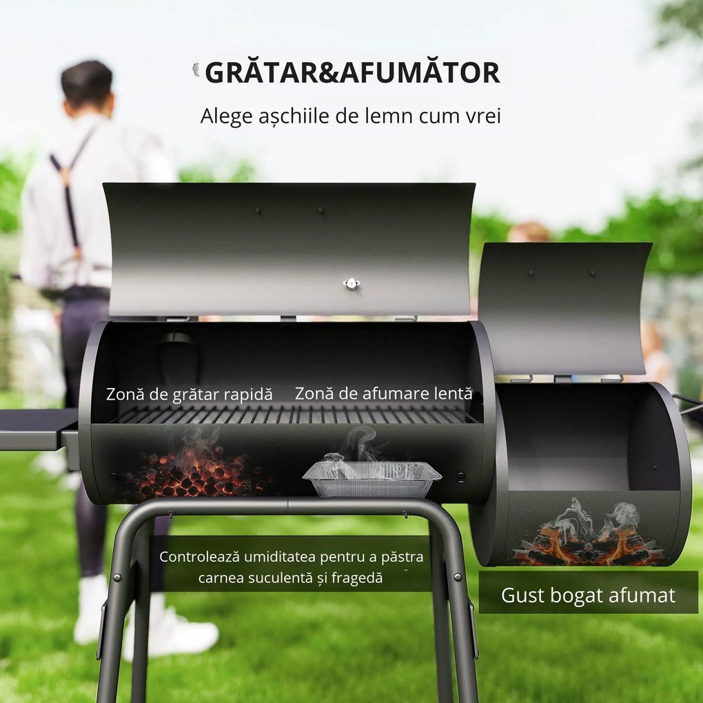 Outsunny Gratar de gradina cu capac si afumator, gratar pe carbune cu rafturi si roti 124x53x104cm, negru | AOSOM RO