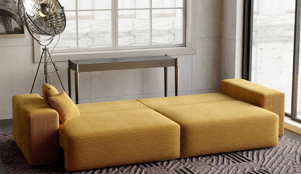 Canapea extensibilă dumonde cu ladă de depozitare si sezut confortabil din spuma high-density, Marbela Zoom Mustar XXL 295x100 cm