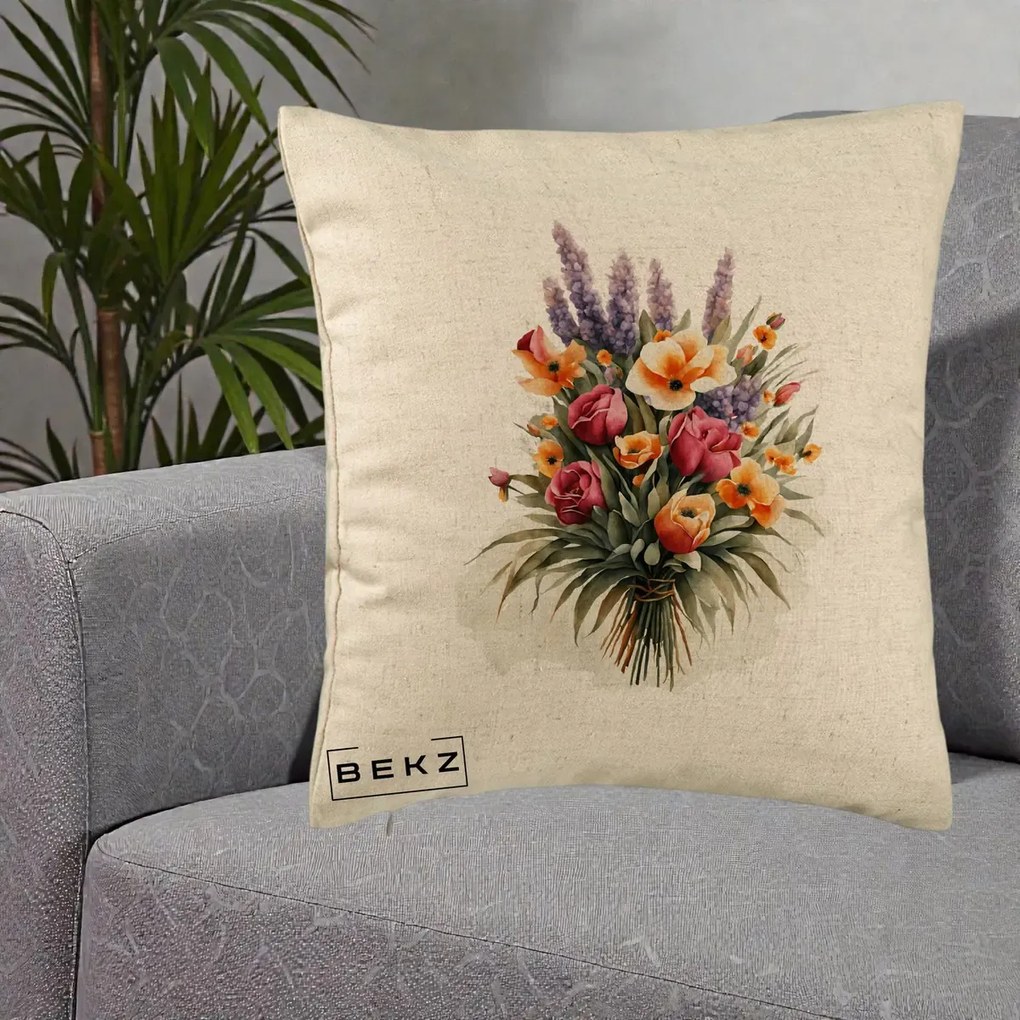 Perna Decorativa Buchet Mixt Acuarela Lavanda-Trandafiri, 40x40 cm, Bej, Husa Detasabila, Perna Inclusa, BEKZ®