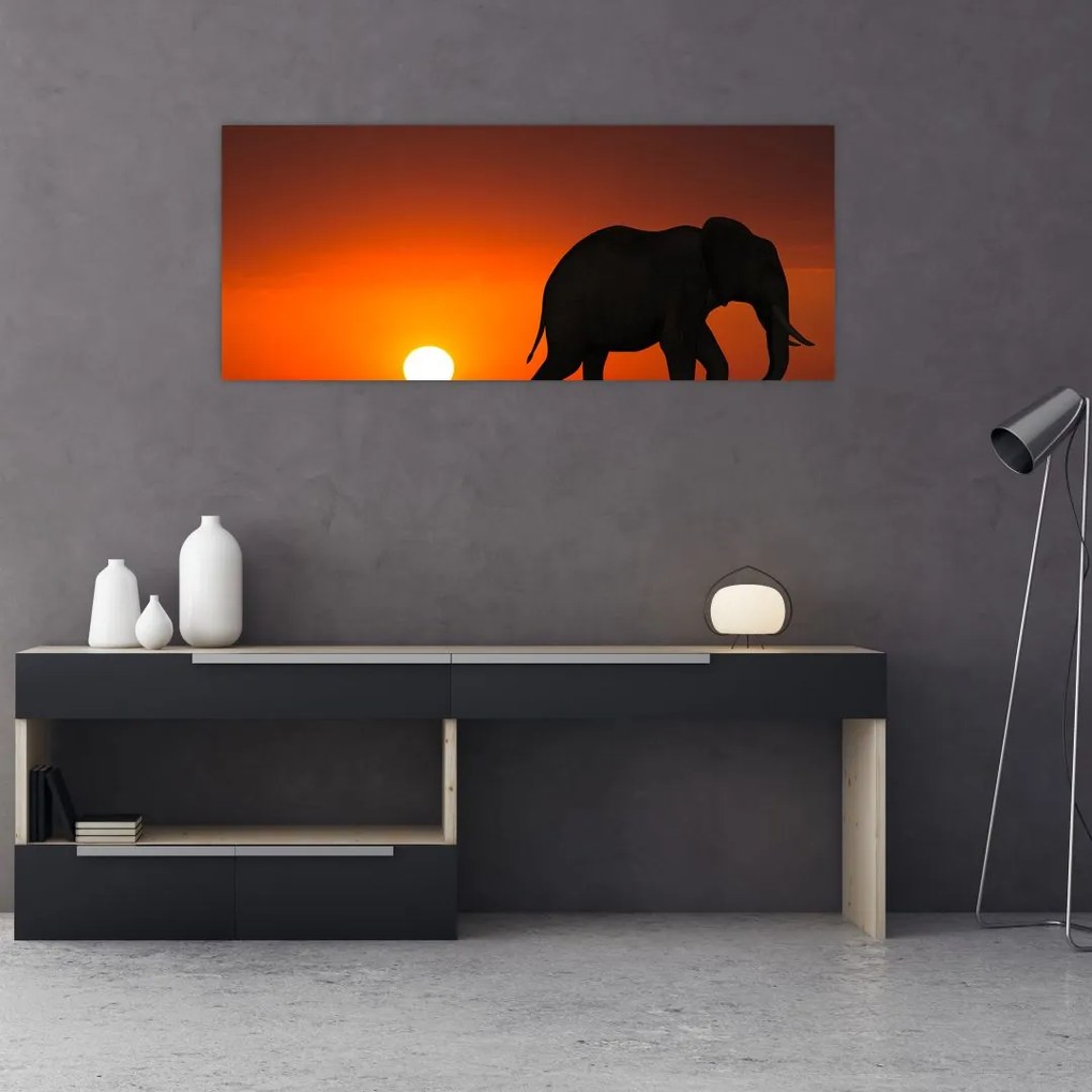 Tablou cu elefant în apus de soare (120x50 cm)