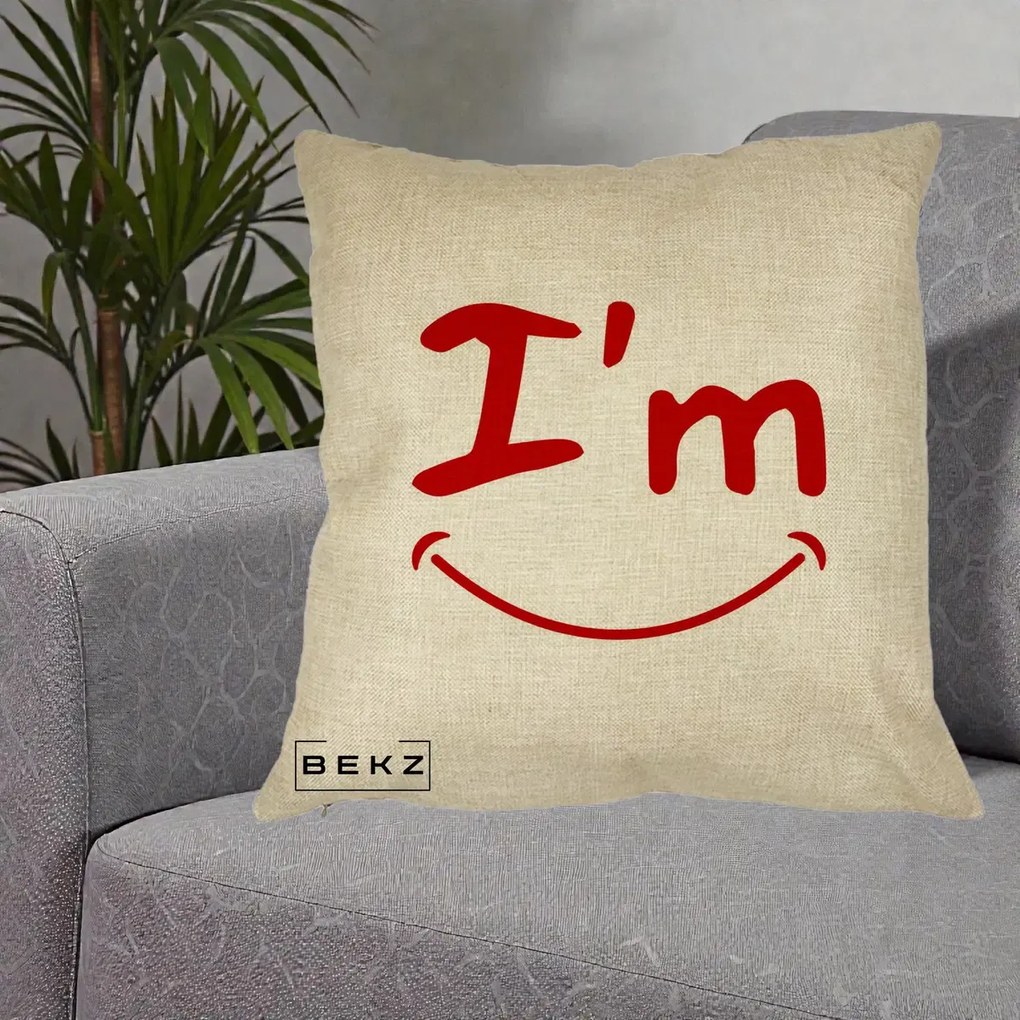 Perna Decorativa I'm Happy Smile, 40x40 cm, Crem, Husa Detasabila, Perna Inclusa, BEKZ®