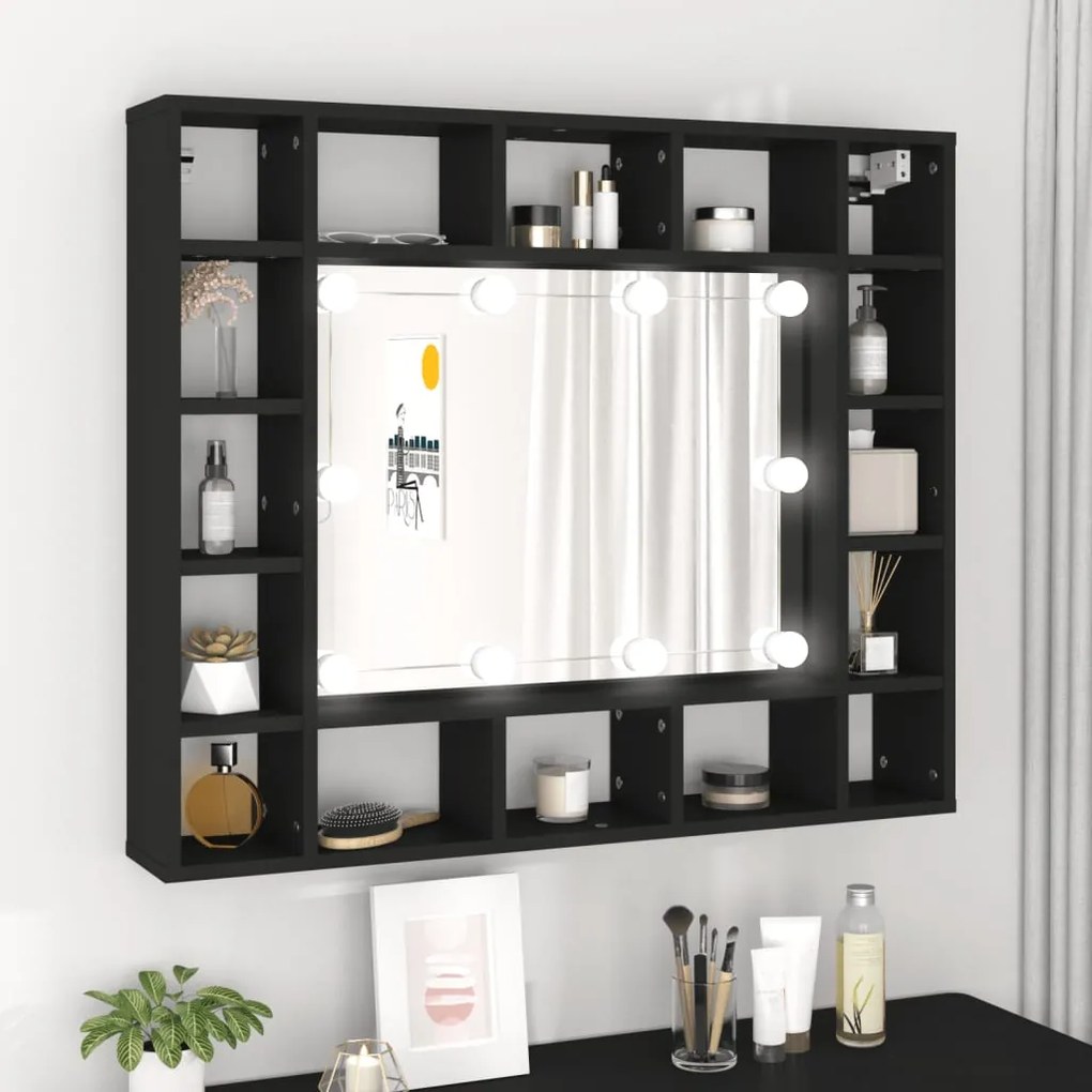 vidaXL Dulap cu oglindă cu LED, negru, 91x15x76,5 cm