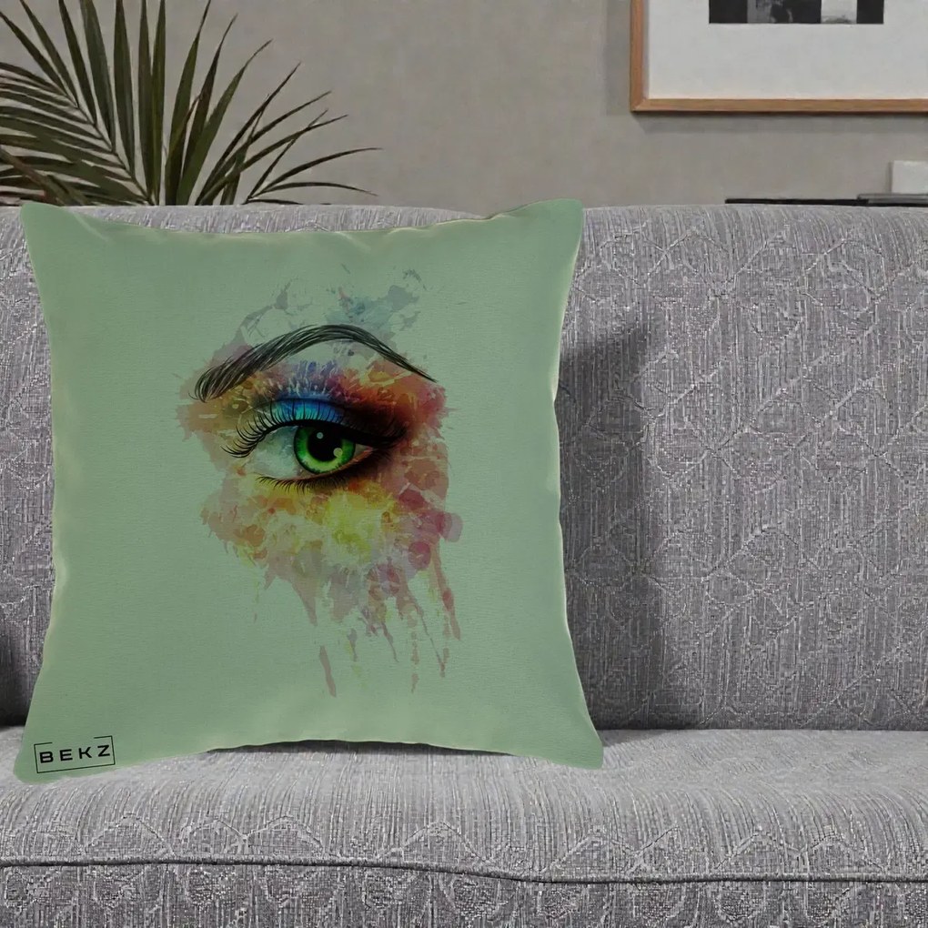 Perna Decorativa Ochi Verde Acuarela, 40x40 cm, Verde, Husa Detasabila, Perna Inclusa, BEKZ®