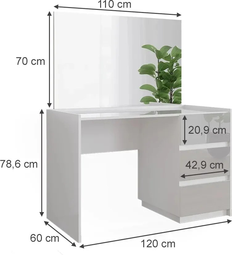 Masuta machiaj cu Oglinda LED si 3 Sertare pentru Cosmetice, Set Masa toaleta 120 cm, Alb Lucios, masuta cosmetica, vanity - SEA805